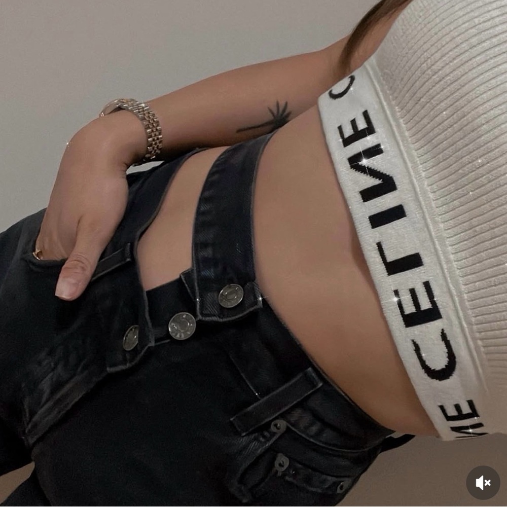 Celine Cream Ribbed Logo Crop Tank